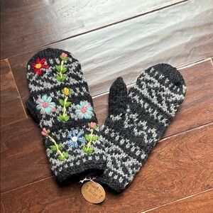Ganz Black and Gray Knit Mittens with Floral Embroidery.